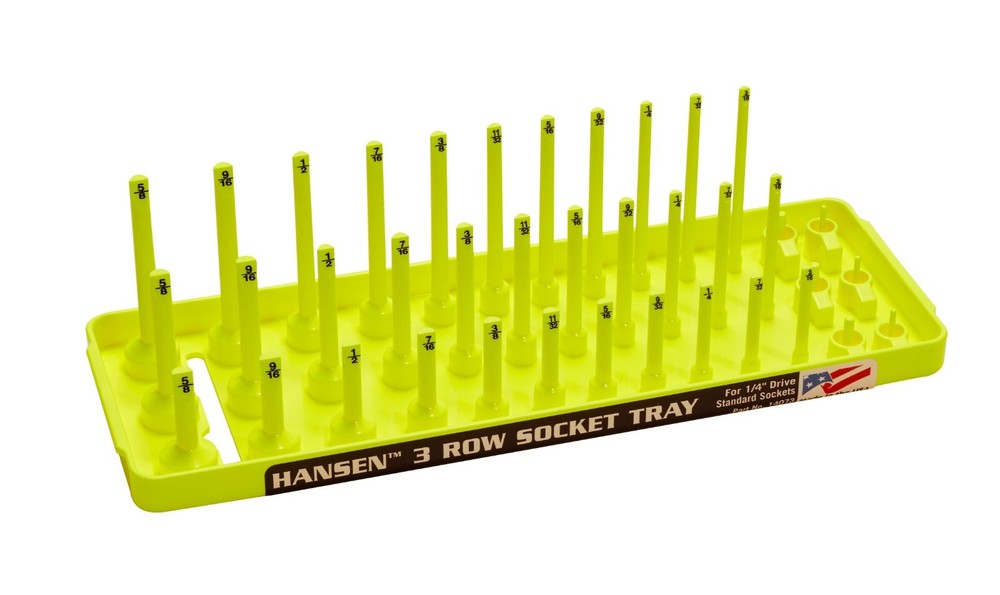 Hansen 1/4" Socket Tray Organizer Holder 3 Row Standard SAE Shallow Deep Yellow