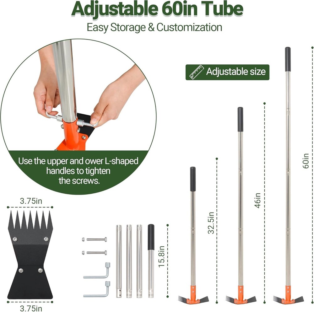 2-in-1 Garden Hoe & Weed Puller Rake 60 Inch Adjustable Long Handle Weeding Tool
