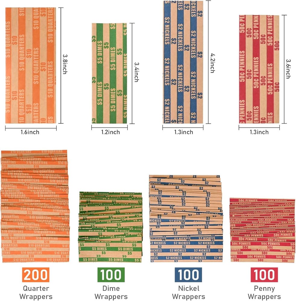 DGBDPACK 500 Assorted Flat Coin Wrappers, 100 Dimes, 100 500