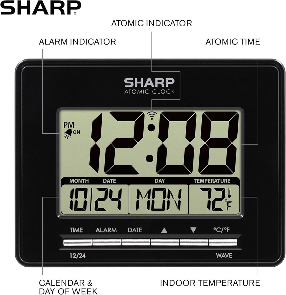 Sharp Atomic Desktop Clock - Auto Set Digital Alarm Clock Atomic Accuracy, Black