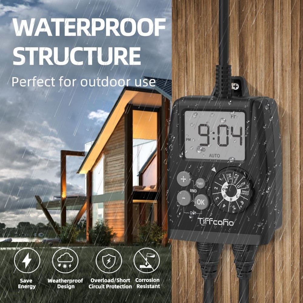 TiFFCOFiO Digital Outdoor Timer Outlet, Dial Programmable 1 PACK, Black