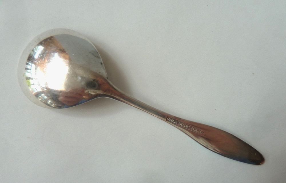 FRIGAST DENMARK STERLING SILVER BOUILLON SPOON, BLUE ENAMEL HANDLE