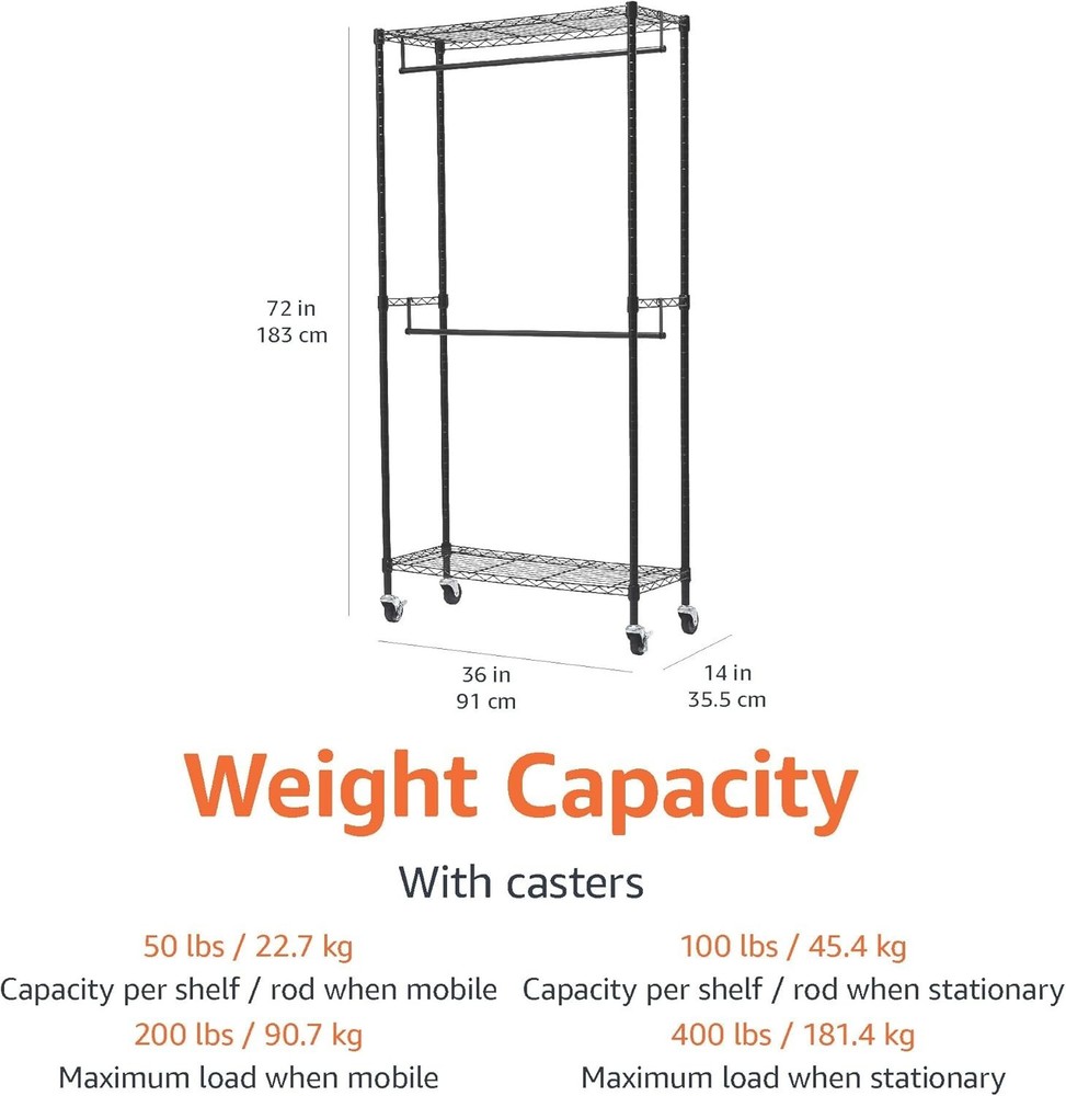 Adjustable Double Hanging Garment Rack - Black, 36x14x72