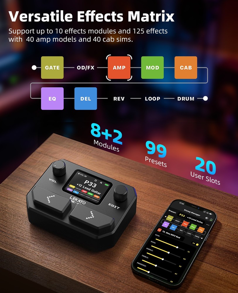 LEKATO ME-05 Guitar Processor Amp Cab Sim Bluetooth 24-bit USB Audio Interface