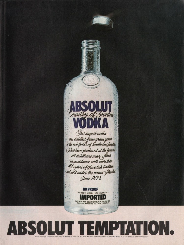 1981 Vintage ABSOLUTE Temptation Vodka Distillery Print Ad