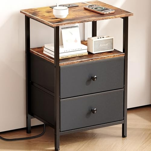 Nightstand with Charging Station, Bedsid End Table with 2 Fabric Drawer for