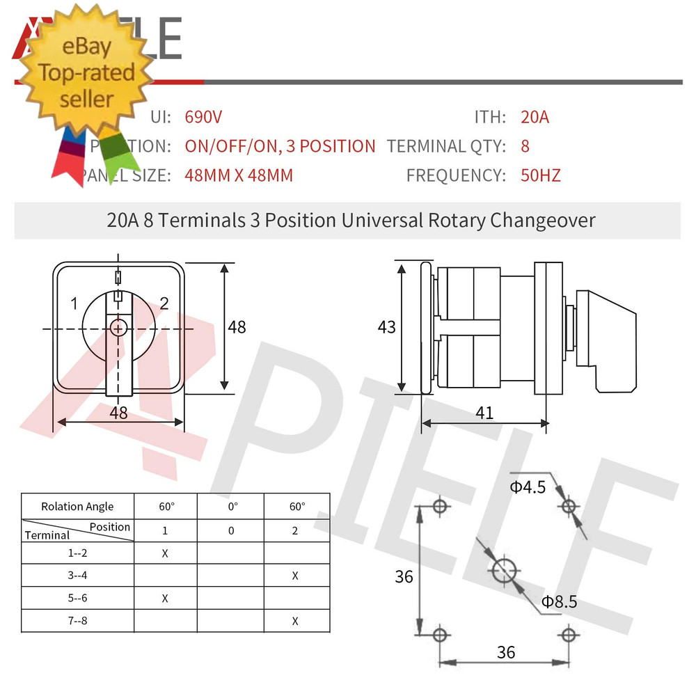 Changeover Selector Switch 3 Position 440V Universal Rotary Cam Selector (20A 8