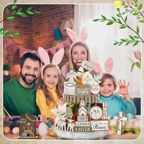 24 Pcs Easter Tiered Tray Decor He is Risen Cross Tray Decoration Sets Rustic