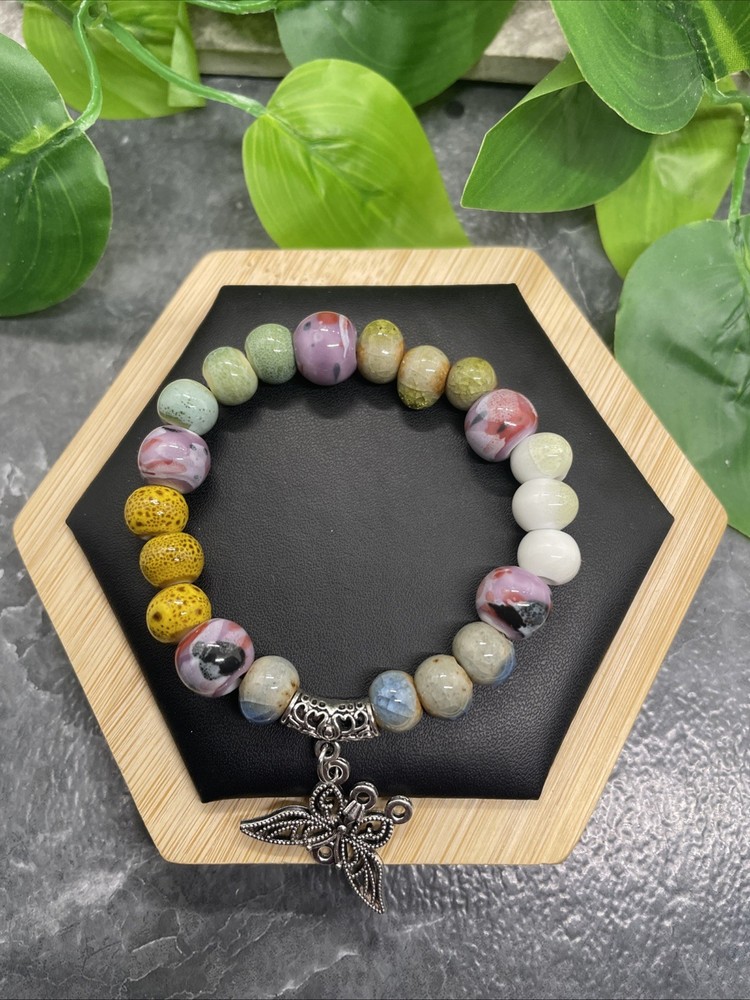 Handmade Ceramic Bead Beaded Stackable 6.5” Plus Stretch Bracelet New B212