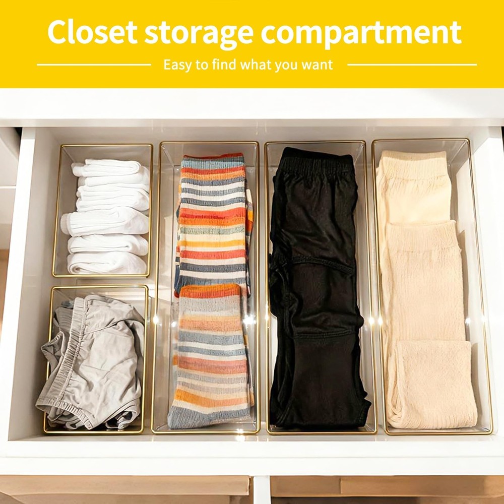 6 Pack Large Size Clear Stackable Drawer Organizer Trays, Gold Rim Makeup Dra...