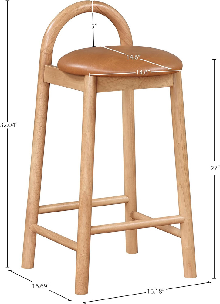 Cognac Vegan Leather Mid-Century Modern Stool with Solid Wood Frame