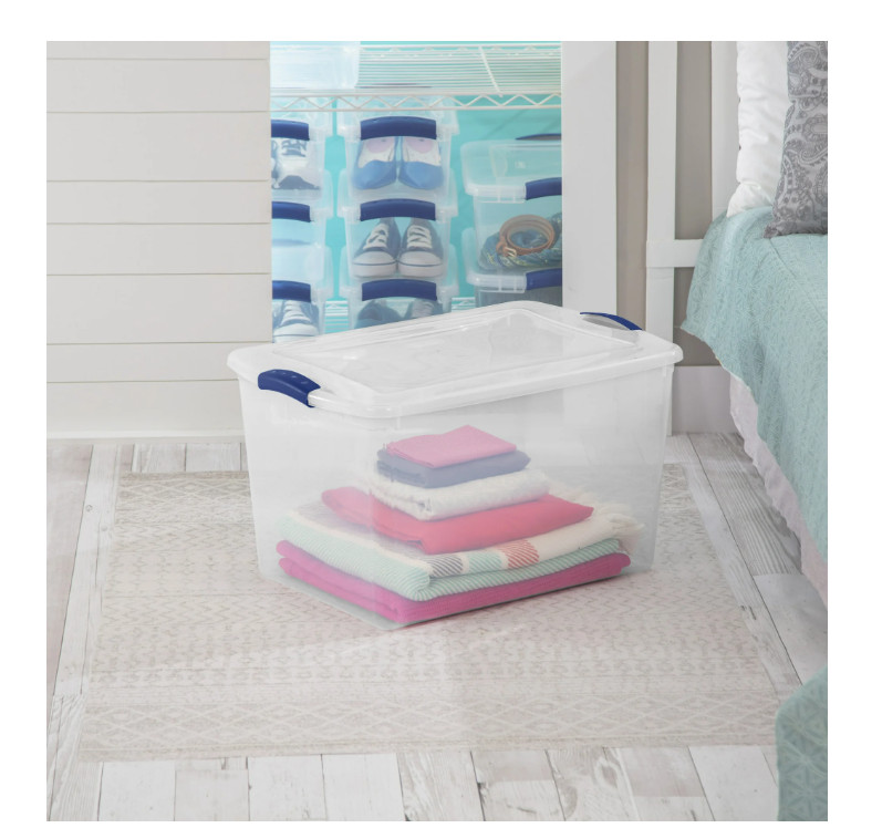 66QT Large Latching Storage Bin, Clear Plastic Container with Blue Lid