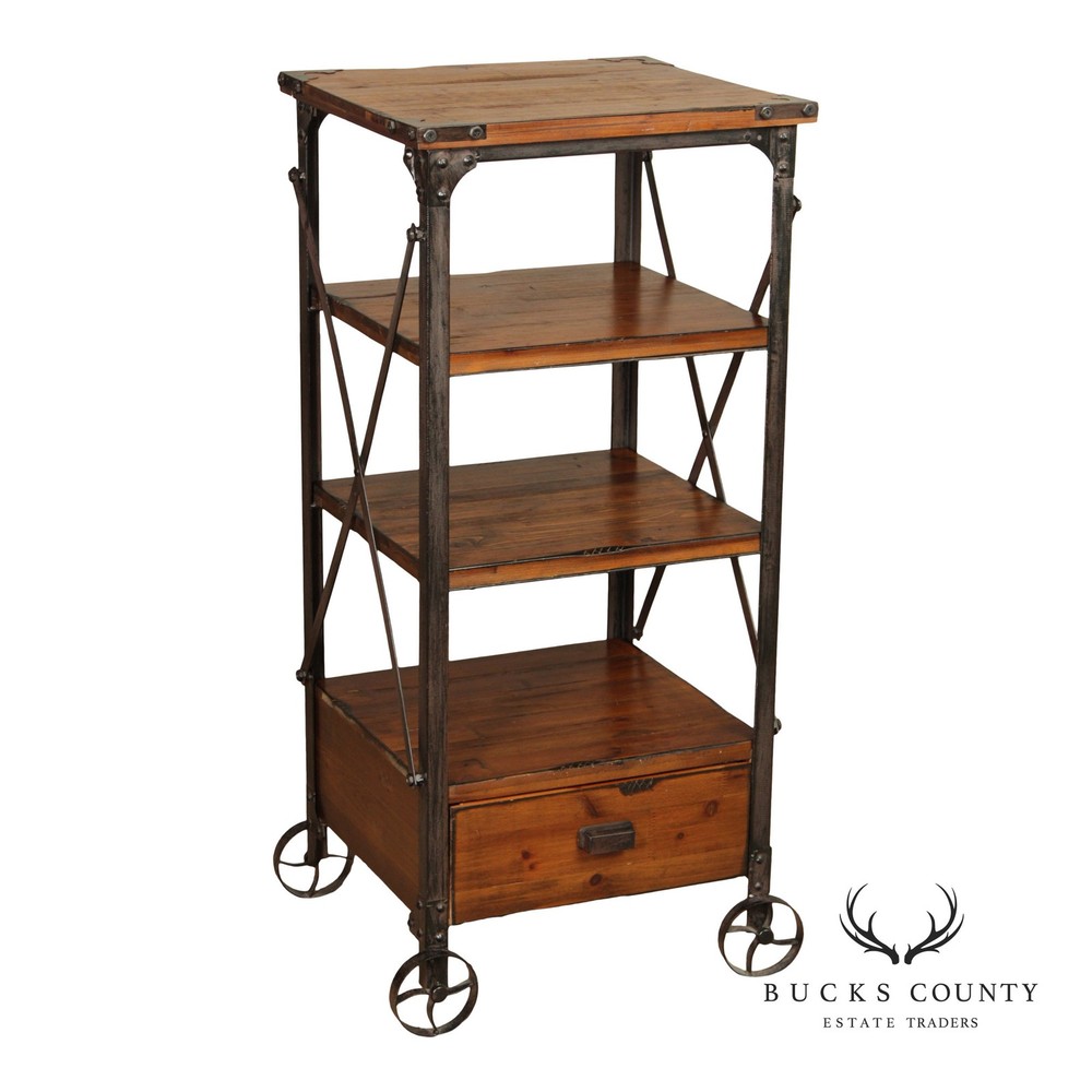Industrial Rustic Pine And Iron Rolling Shelf With Drawer