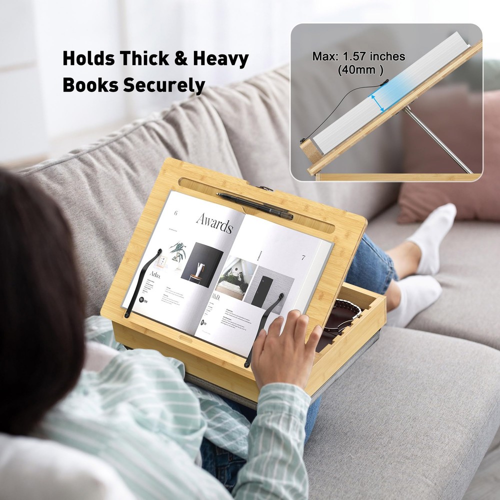 Book Stand for Reading with Storage, Adjustable Bamboo Book Holder with Soft ...