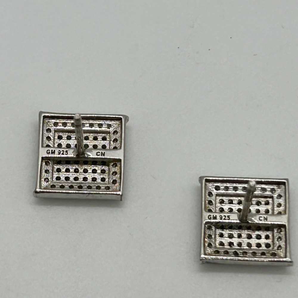 Sterling Silver Square CZ Stud Earrings Iced Out Hip Hop READ Backs Missing