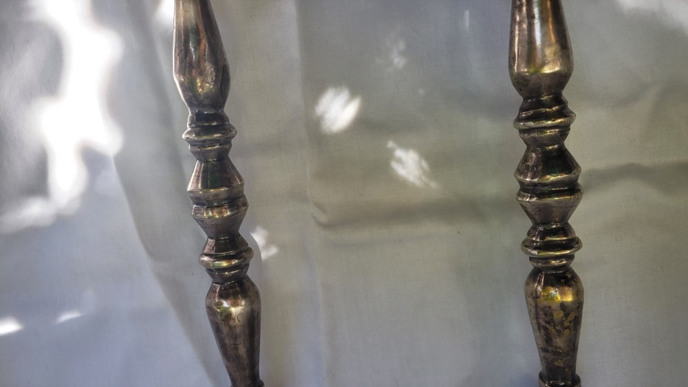 Two 13" Aztec Rose silver plated candlesticks rustic, heavy. unmarked