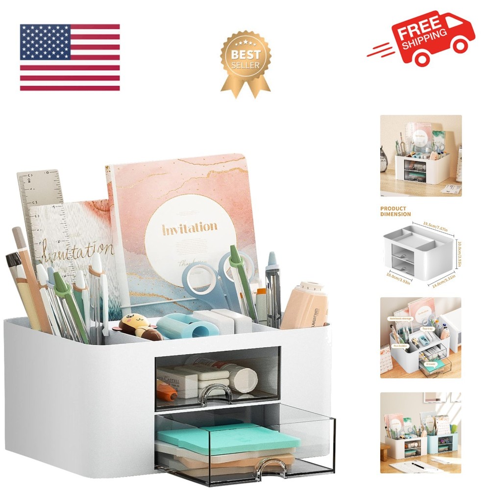 Multi-Functional White Plastic Pen Holder with Drawers for Tidy Workspaces