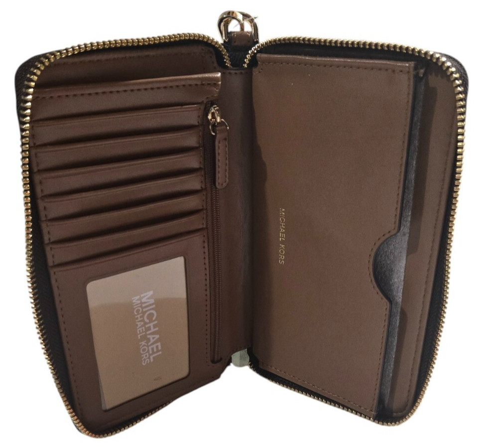 Michael Kors Jet Set Large Flat Multi Function Phone Case Brown Signature NWT
