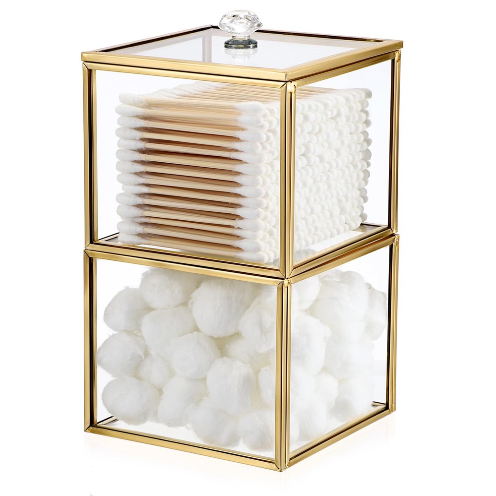 Hipiwe Glass Qtip Holder Dispenser with Lid 2-Tier Stackable Bathroom Gold