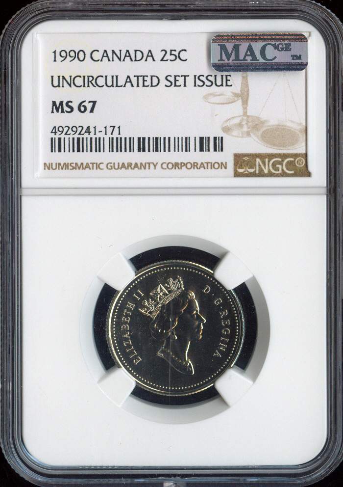 1990 Canada 25 Cents NGC MS67 Quality