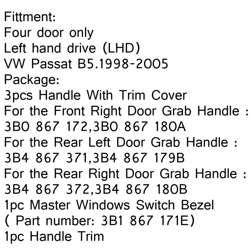 5x Black Interior Door Pull Handle Window Control Panel For VW Passat B5 98-05#