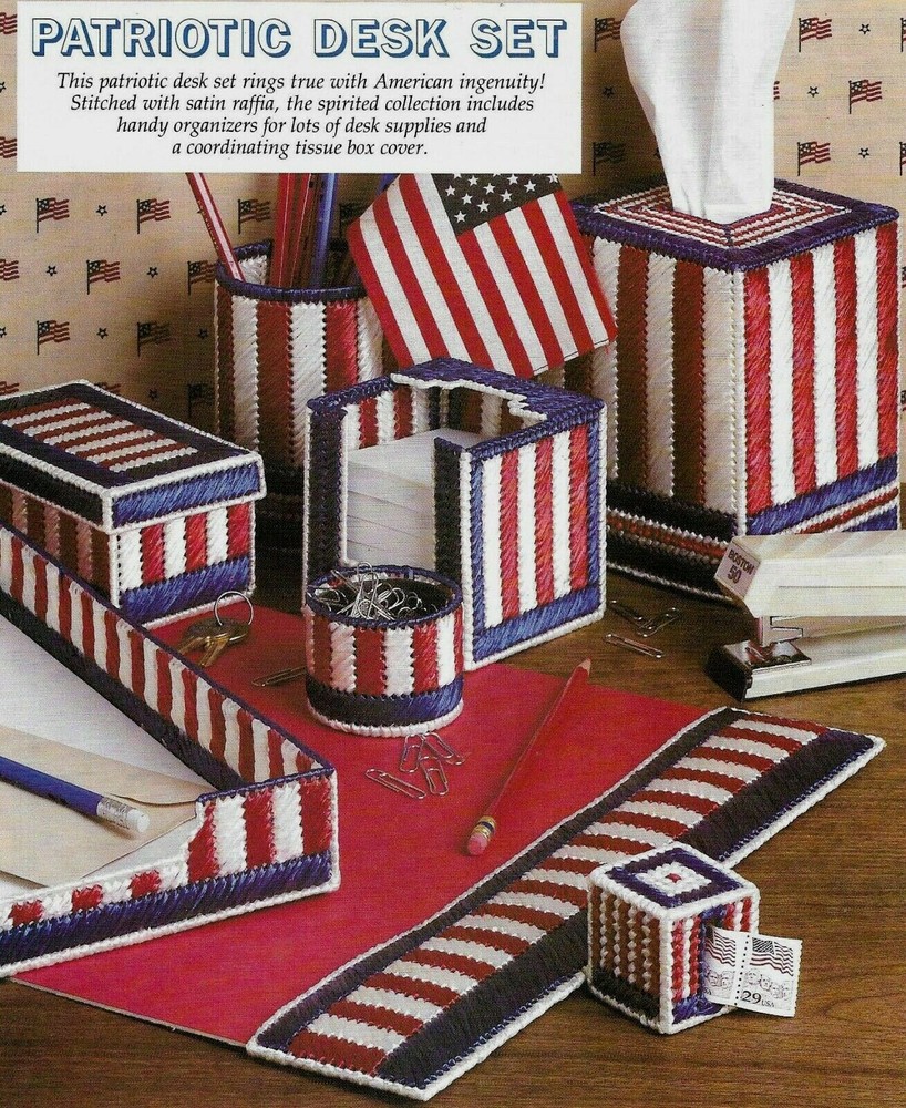 PATRIOTIC DESK SET TISSUE COVER NOTE HOLDER PLASTIC CANVAS PATTERN INSTRUCTIONS