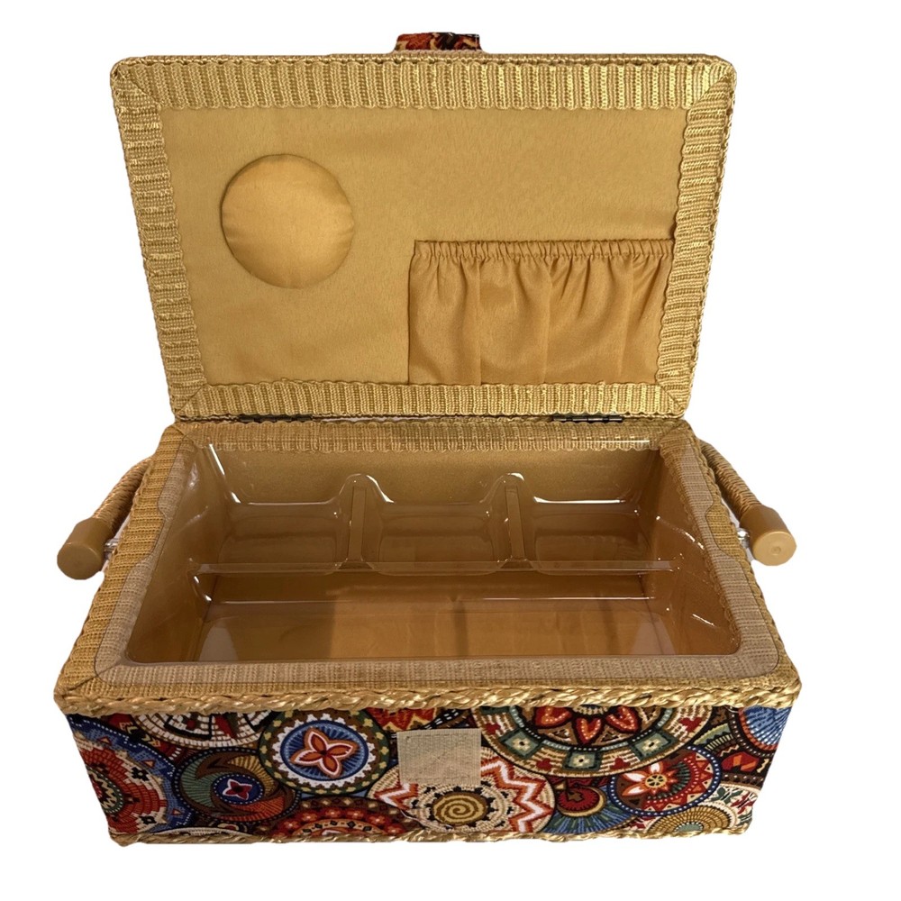 Sewing Basket Fabric Covered Rectangular Straps Handle Plastic Insert