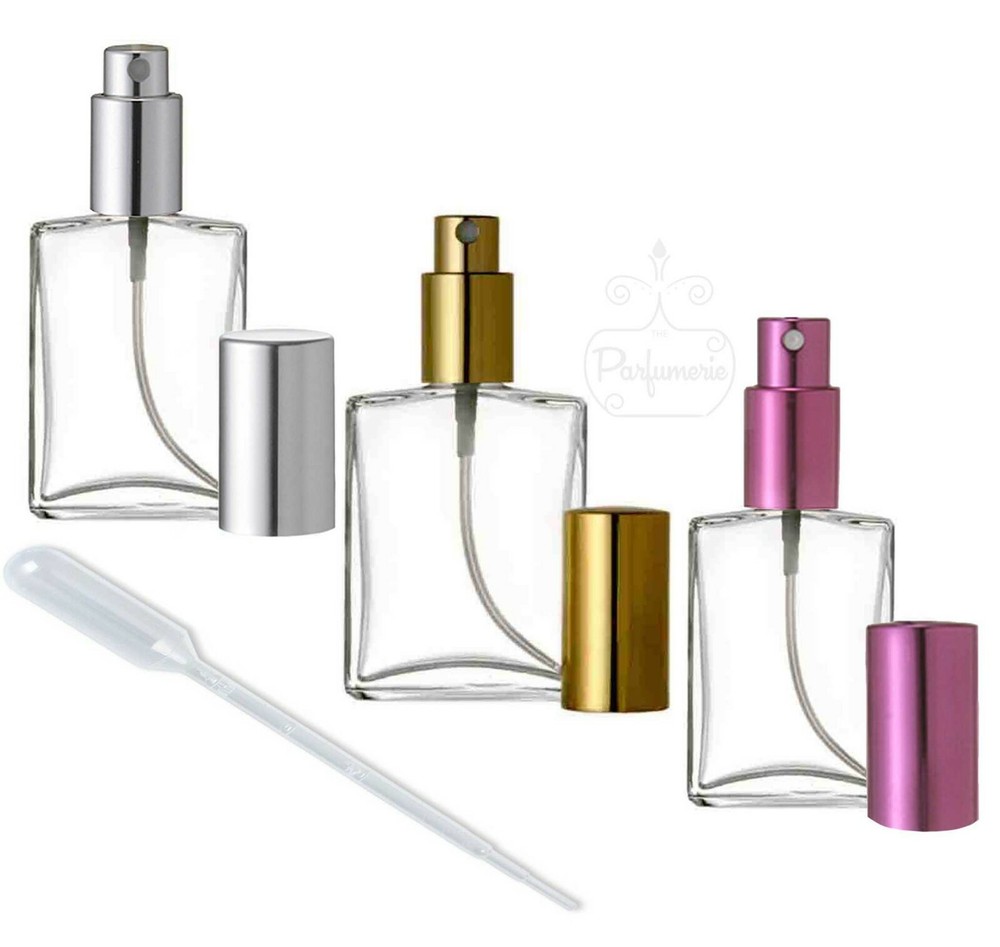 Luxury Perfume Bottles, Refillable Spray Atomizers 1, 2 and 4 oz. - Flat Shape