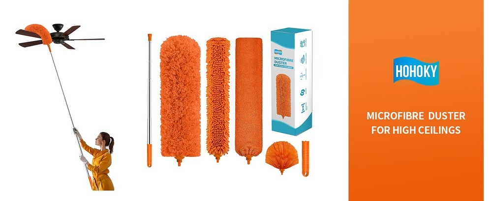 Telescoping Cobweb Duster with 110" Extension Pole, Microfiber Dusting Kit for H