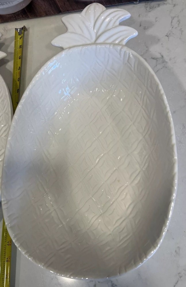 Stoneware 2pc Serving Set White Embossed Pineapple Bowl & Platter NEW Open Box