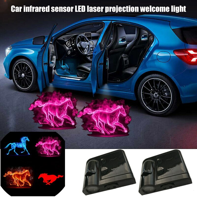 2X Wireless Infrared Sensor Car Door LED HD Projection Welcome Light for Mustang
