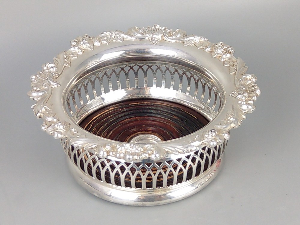 Antique Pierced Bottle Coaster Silver Plated Grape & Vine