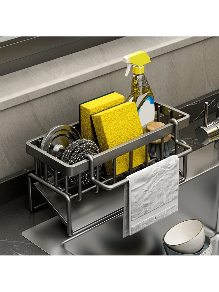 Black Aluminum Kitchen Sink Sponge Organizer Rack with Towel Holder Rust Free
