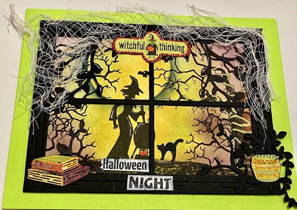 Halloween - Witch & cauldron through the window - handmade Card By DEE