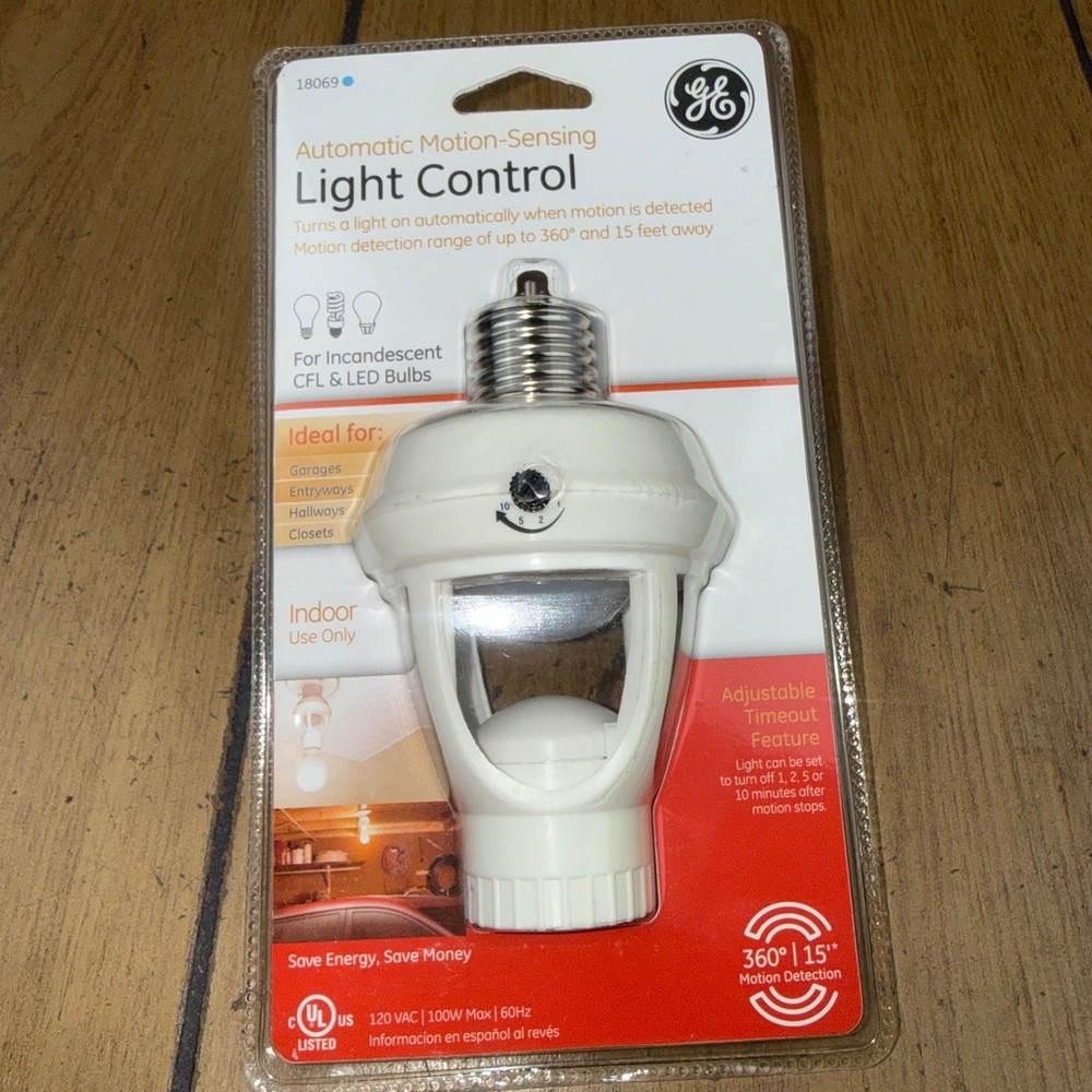 GE Automatic Motion Sensing Light Control Adapter 360 Degree 15 Foot Range Ied