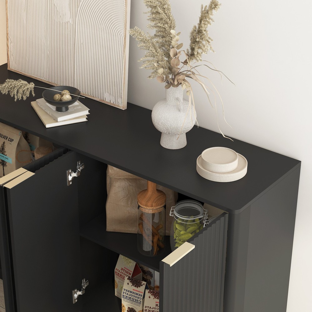 Black Modern Buffet Cabinet with Storage, Fluted Sideboard Large Buffet with A
