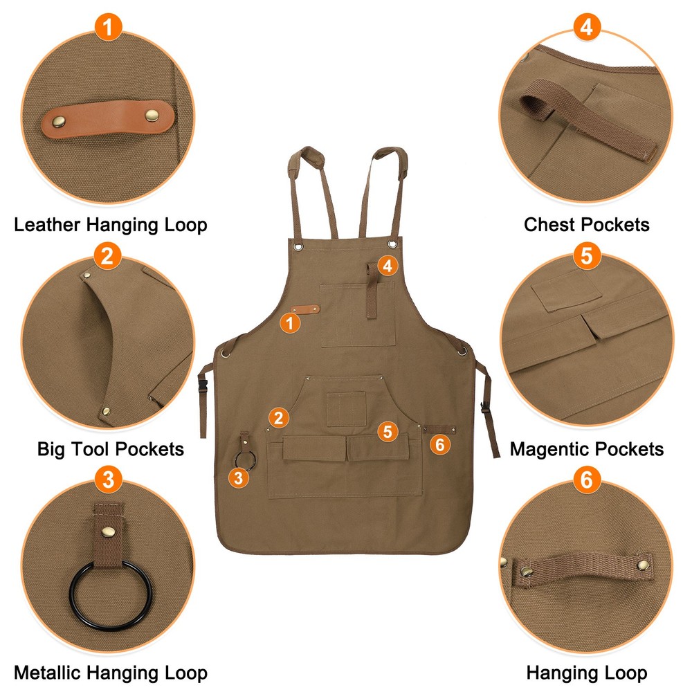 Canvas Woodworking Aprons Adjustable Work Tool Apron with 9 Pockets, Khaki