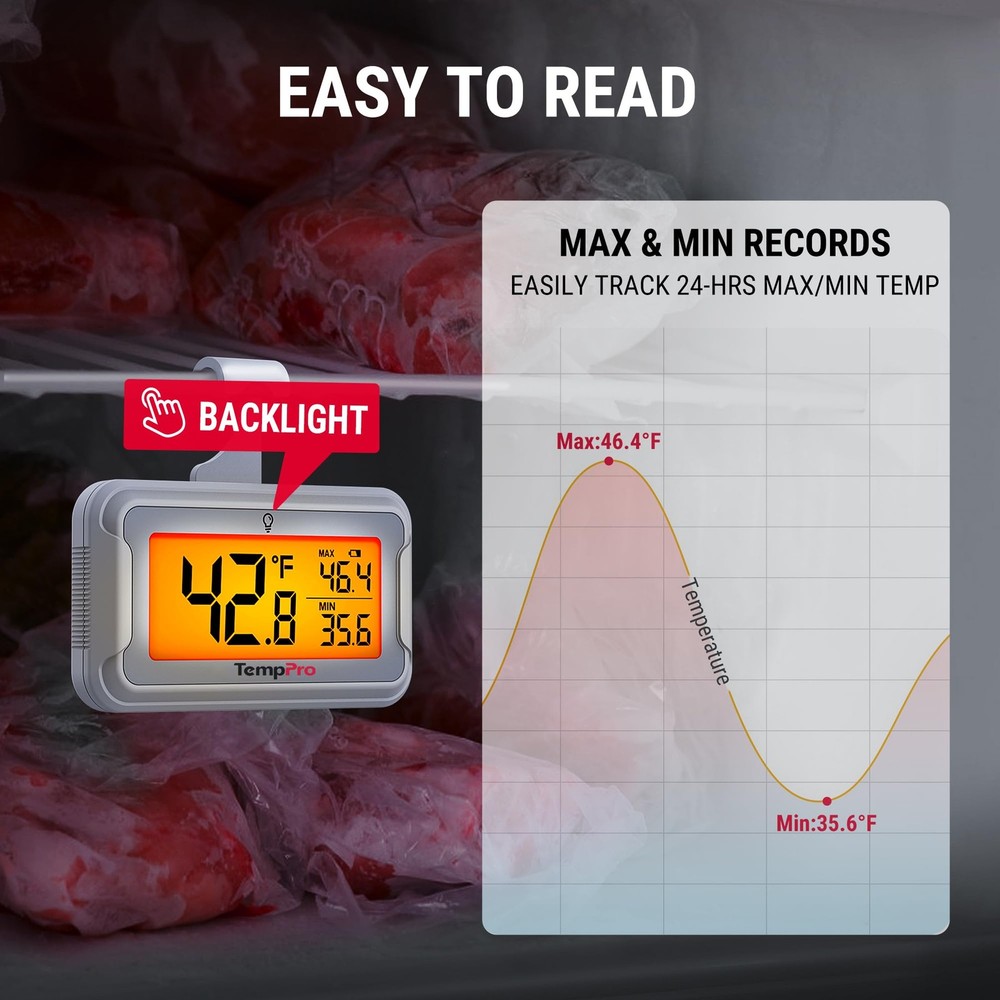 TempPro Refrigerator Thermometer 2 Pack Digital Fridge Thermometer, white