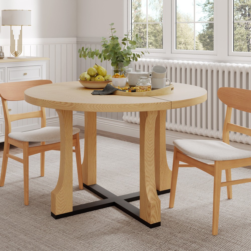 48" Round Dining Table - Natural Ash Finish, Solid Wood & MDF, Pedestal Base,