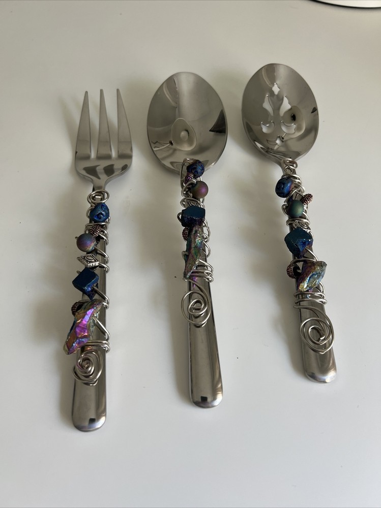 Fancy Spoon Fork Serving Utensils Bead Rock Wire Wrapped Slotted Salad Gemstone