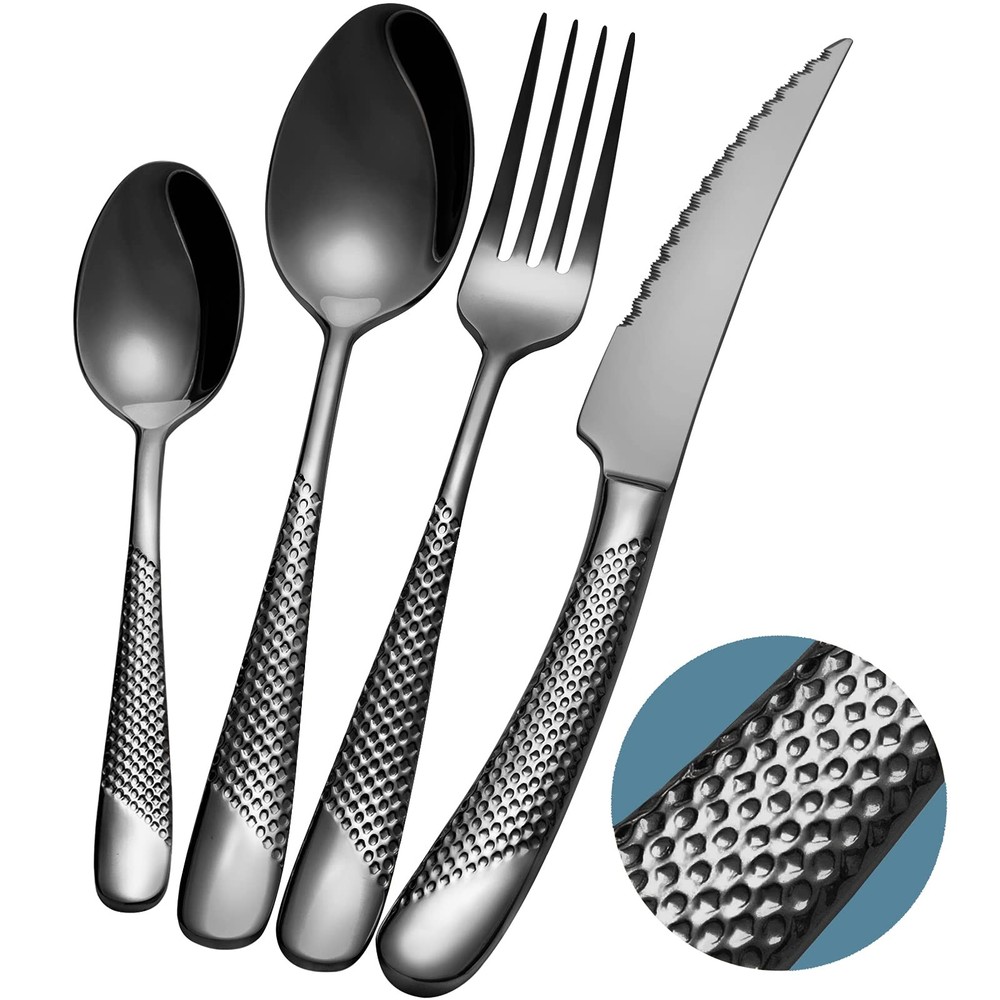 16-Piece ​Modern Black Hammered Silverware Set with Ultra Sharp 2-IN-1 Serrat...