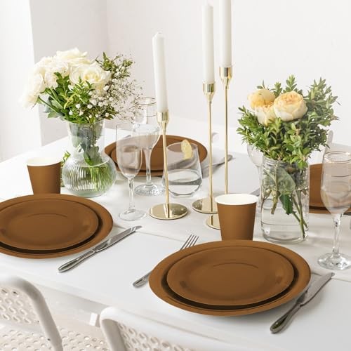 100Pcs Tableware Set Fall Disposable Dinnerware Set 50Pcs Paper Plates Brown