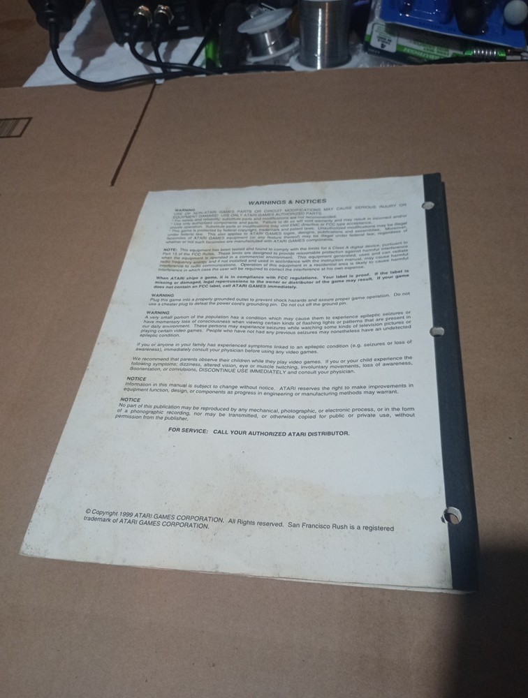 Atari San Francisco Rush 2049 Original Arcade Game Manual