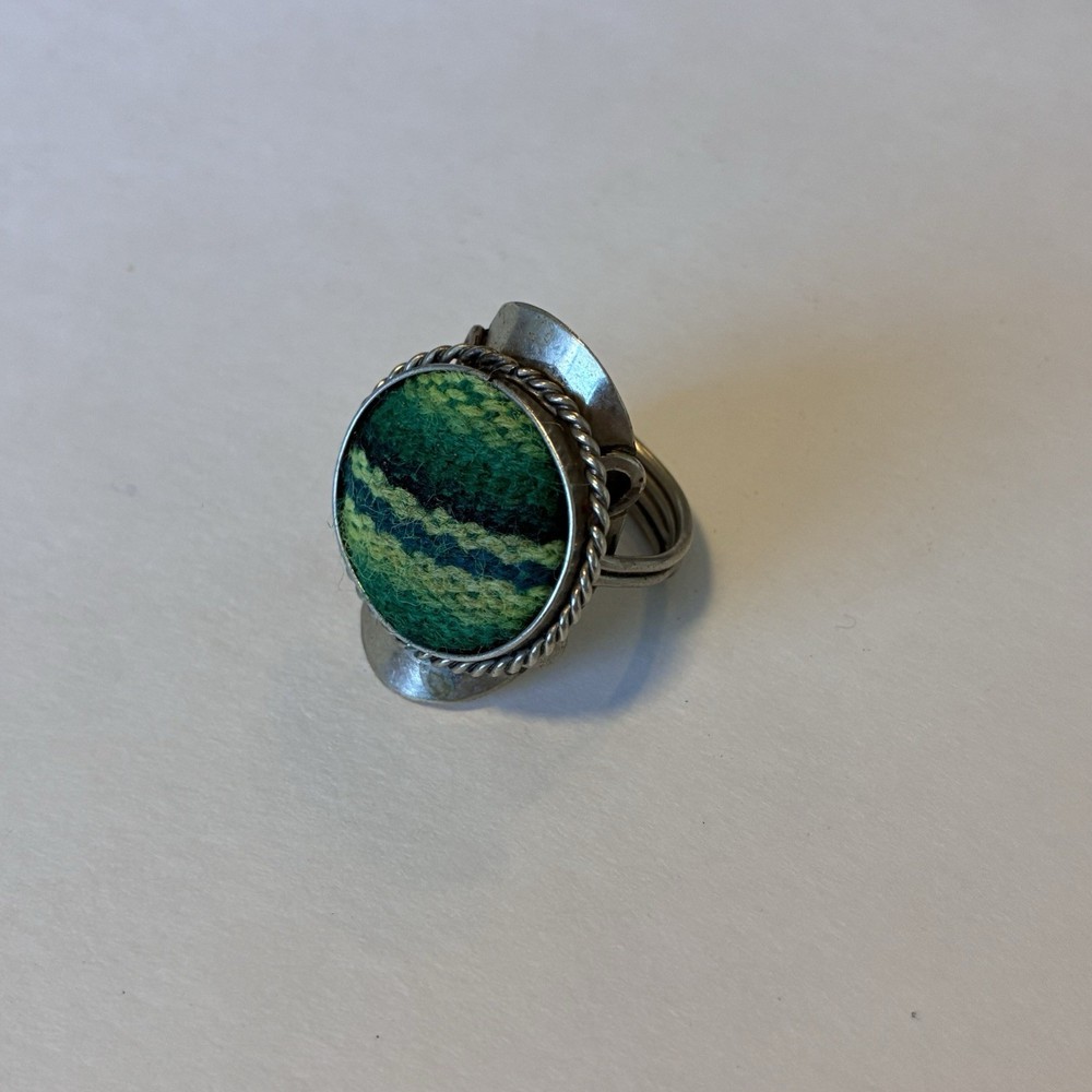 Boho Adjustable Green Woven Textile Ring with Twisted Rope Bezel Silver Toned