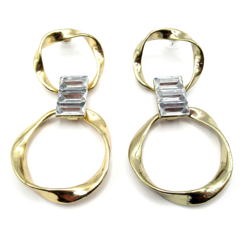 Long Wavy Double Hoop Brass Earrings W Crystal Centers