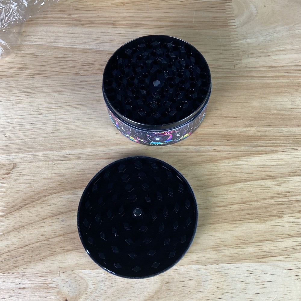 3” Boho Spice Grinder, Cool Black Lucky Tree Pattern, Sun, Moon, Psychedelic