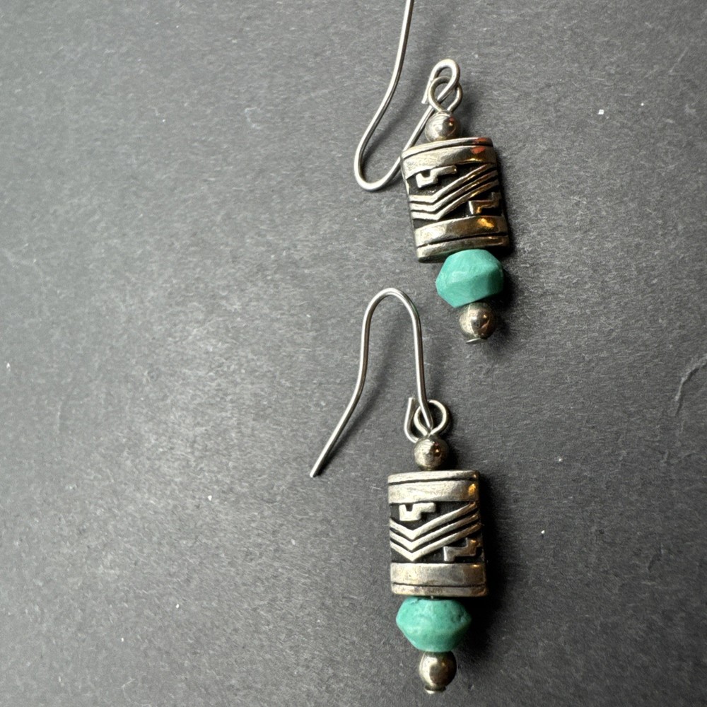 Native Inspired Dangle Drop 1.25” Earrings Silver Tone Turquoise