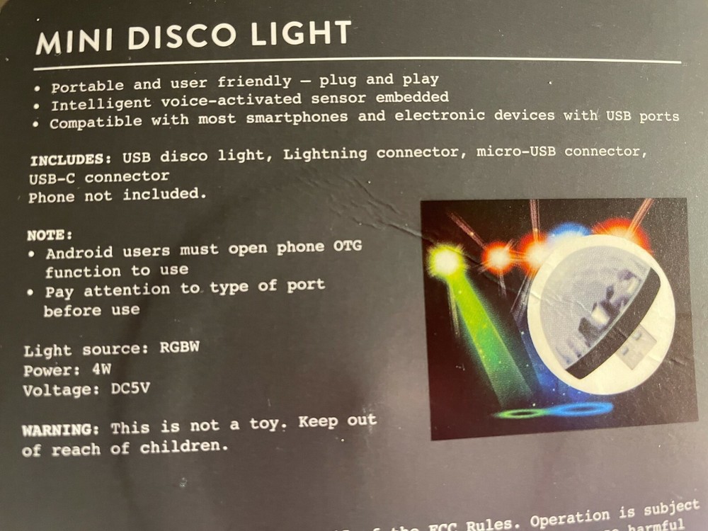 Mini Disco Tech Ball Light, Plug n Play smartphone voice activated USB Adapters