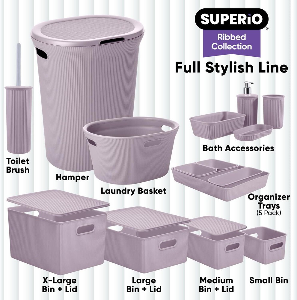 Superio 15L Medium Ribbed Storage Bin- Plastic Storage Bin (6 Pack, Lilac)