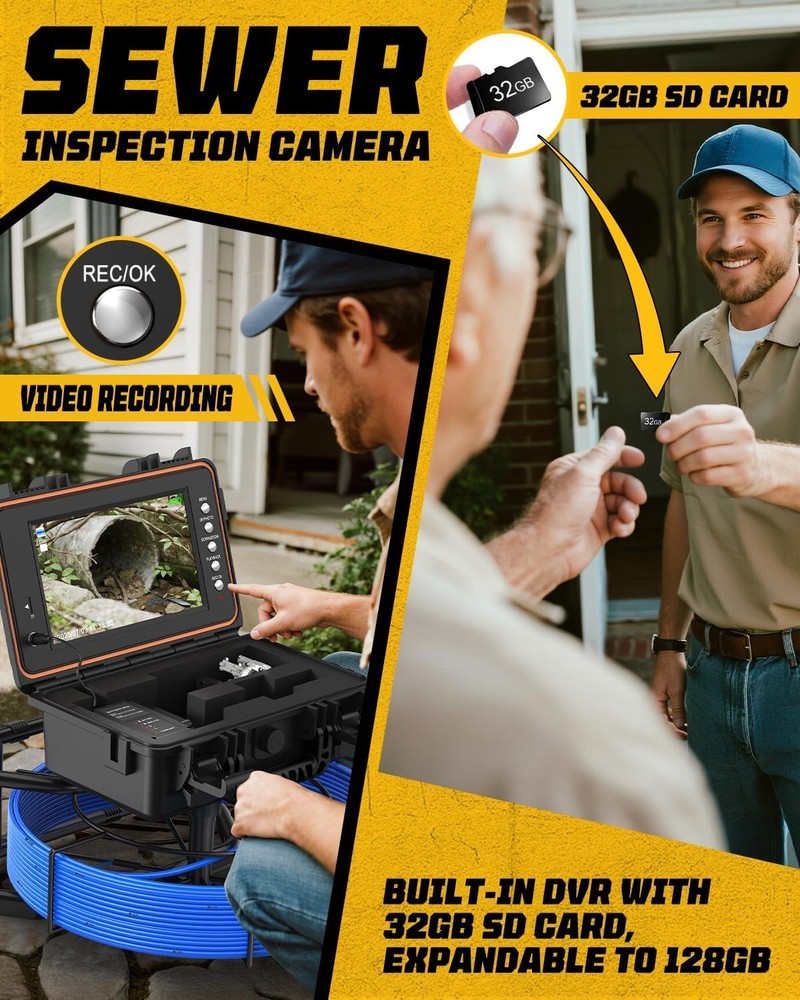 Sewer Camera 9'' IPS Screen 100ft 7mm Cable Drain Pipe Inspection Camera 5100mAh